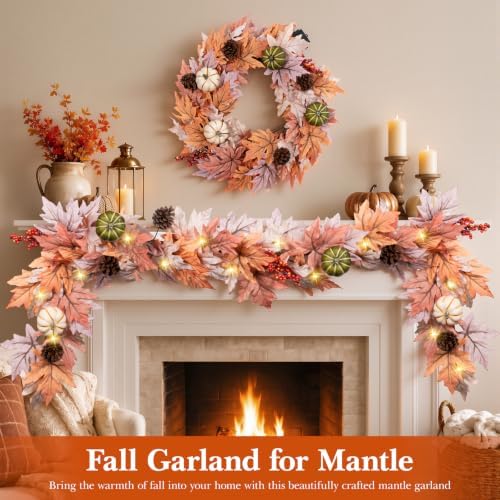 6 FT Fall Garland with 30 Lights & 8 Modes Timer, Pre-lit Lifelike Lighted Fall Maple Leaves Garland with Pumpkin Berries PineCones, Battery Operated Autumn Garland Decor for Mantle Table Thanksgiving - Image 2