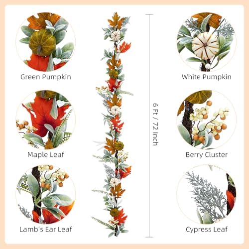 6 Ft Fall Garland, Autumn Pumpkin Garland with Maple Leaves Berries for Indoor Outdoor Thanksgiving Table Mantle Fireplace Home Decorations - Image 3