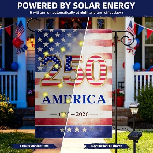 12 x 18 Inch 4th of July Garden Flag, Lighted 250th Anniversary Patriotic Yard Flag with Solar LED Lights, Double Sided Red White Blue Outdoor Decorations for Lawn Porch Garden - Image 4