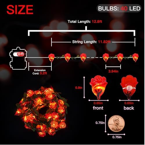 suddus 40LED Red Rose Flower String Lights Battery Powered with Remote - Image 6
