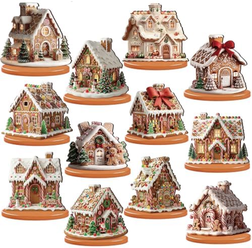 Leinuosen 12 Pcs Gingerbread Christmas Table Decoration Gingerbread House Tiered Tray Decor Wooden Ginger Bread Village Centerpiece Farmhouse Xmas Decor for Home Kitchen Coffee Bar Shelf Indoor by Leinuosen