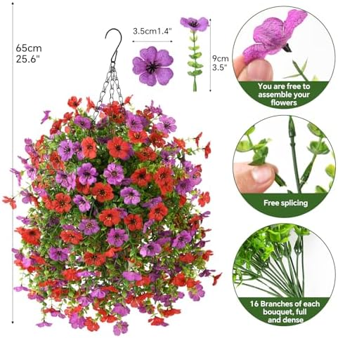 INQCMY Artificial Hanging Flowers with Basket for Spring Outdoor Decoration 3 Bunches of Silk Daisy Flower Uv Resistant for Garden Porch Patio Balcony Yard Decor (Red Purple) - Image 2