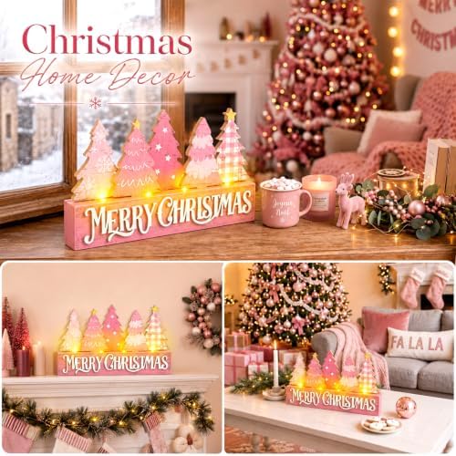 Chunful Lighted Pink Farmhouse Wooden Christmas Tree Tabletop Sign - Image 5