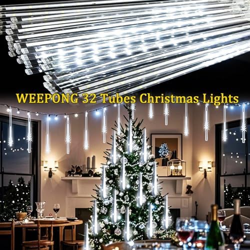 Weepong Meteor Shower Lights, Christmas Decorations Outdoor 32 Tubes White - Image 4