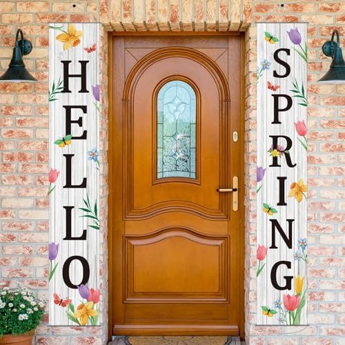 Hello Spring Porch Banner for Front Door Spring Door Banner Colorful Floral Green Leaves Porch Sign Hanging Flag Vintage Spring Decorations Seasonal For Yard Indoor Outdoor Decorations (Pack of 2) - Image 4
