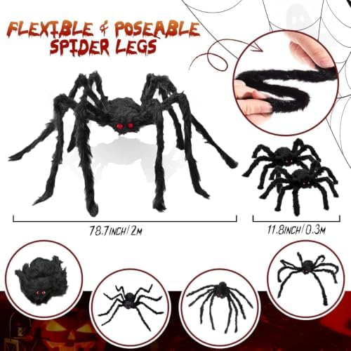 Giant Spider 6.6 Ft + 0.98 Ft*2, Halloween Decorations 78" Fake Halloween Decor Spiders Large, Furry Spiders for Outdoor Indoor Yard Home Costumes Party House Décor, 3 Packs - Image 3