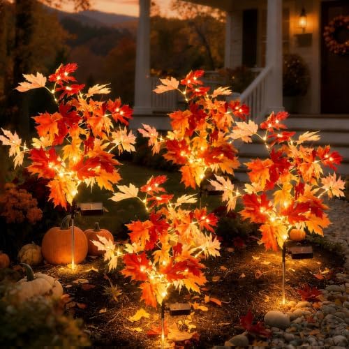 Fall Solar Lights Outdoor Decorative,Maple Leaf Stakes Lights, 4Pack by JOHUNT