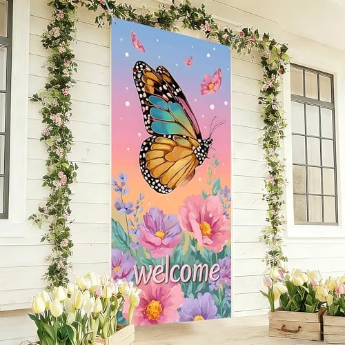 NYZE Butterfly Welcome Spring Door Covers For Front Door 35.4 x 70.8 Inch Door Banner Spring Porch Backdrop Sign Outdoor Indoor Spring Decorations - Image 5