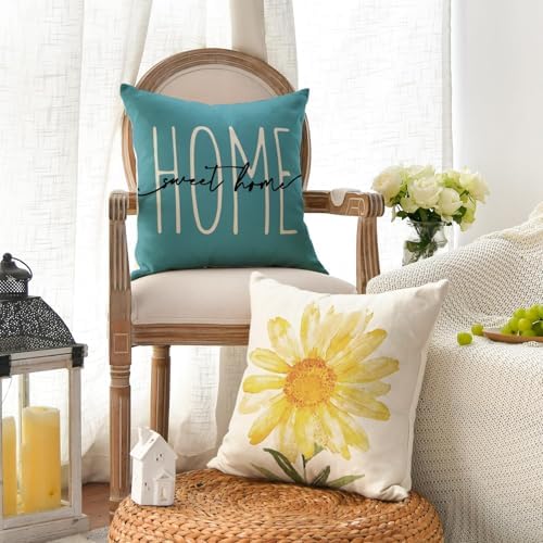 AVOIN colorlife Home Sweet Home Spring Summer Flowers Yellow Throw Pillow Covers, 20 x 20 Inch Blue Cushion Case for Sofa Couch Set of 4 - Image 3