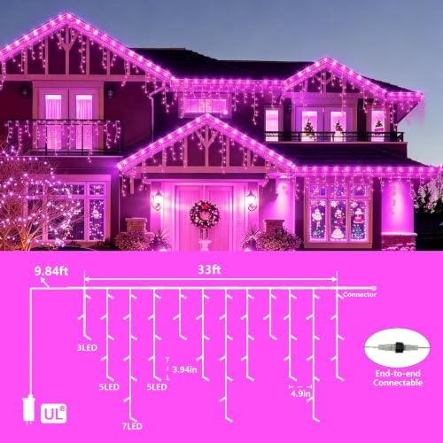 YEGUO 33ft 400 LED Pink Icicle Lights, 80 Drops Icicle Lights for Outside Connectable, 8 Modes String Christmas Light with Memory Timer - Image 2
