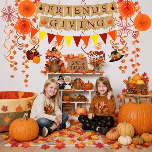Famoby FRIENDSGIVING Paper Banner Triangular Bunting Maple Leaf Garland Plastic Streamer Paper Fans for Autumn Harvest Thanksgiving Day Party Decoration (Not Burlap) - Image 6