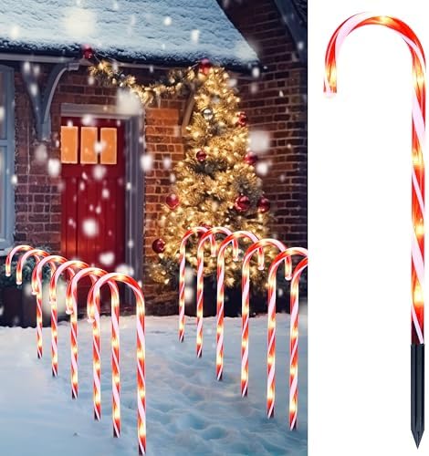 Joiedomi 12 Pcs Christmas Candy Cane Pathway Markers Lights, 16” Stakes Lights with Warm White, Waterproof Outdoor Decorations for Xmas Indoor and Outdoor Decorations Yard, Walkway, Lawn, Garden by Joiedomi