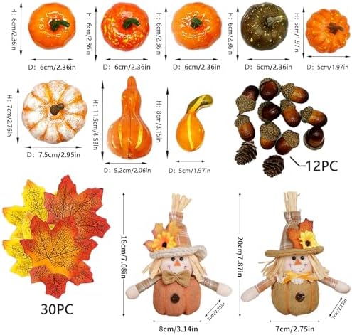 Thanksgiving Fall Decorations Set-52PCS Harvest Decor with Artificial Pumpkins,Acorns,Pinecones,Scarecrow,and Maple Leaves for Autumn Table Centerpiece,Tiered Tray,Home Decor,and Halloween Display - Image 2