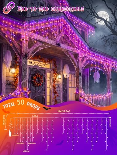 Halloween Icicle Lights Outdoor,300 LED Purple and Orange Lights - Image 2