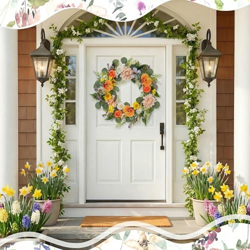 Wreaths for Front Door Decor Artificial Flower, 20" Dahlia Daisy - Image 3