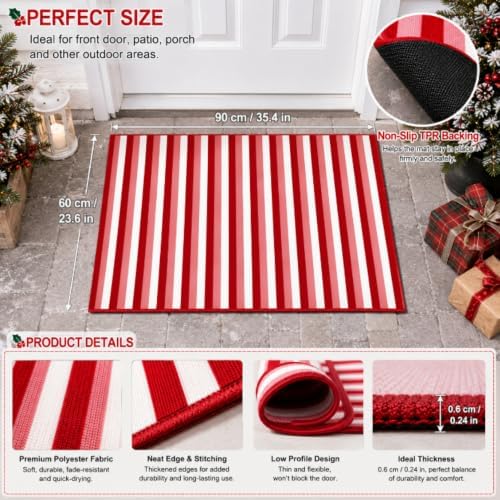 Moucuny Christmas Red Pink White Vertical Stripe Outdoor Rug 2' X 3'Doormat - Image 3