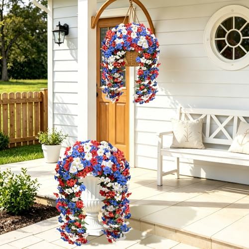 Artificial Hanging Flowers for Outdoors, 4 PCS 544 Blooms UV Resistant Morning Glory Faux Silk Vines, No-Odor Realistic Fake Plants for Garden Planter Porch Patio Decoration, Red Blue White - Image 6