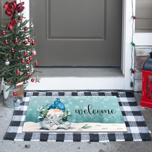 Winter Door Mat Outdoor Front for Door,Gnome Snowflakes Snow Welcome Doormat,Christmas Xmas Holiday Floor Rug for Porch Entrance Farmhouse Decor 30" x 17" - Image 2
