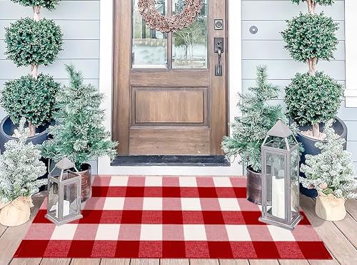 Christmas Outdoor Rugs 24 x 51''Red White Buffalo Plaid Front Porch Rug Hand-Woven Machine Washable Indoor/Outdoor Layered Door Mats for Entryway/Bedroom/Outdoor - Image 7
