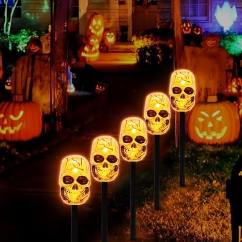 LAMPHOME Halloween Pathway Lights Outdoor, 5PCS Skull Halloween Decorations Outdoor Yard, Pathway Marker Stake Lights for Patio Ground Path Sidewalk Walkway Driveway by ULL