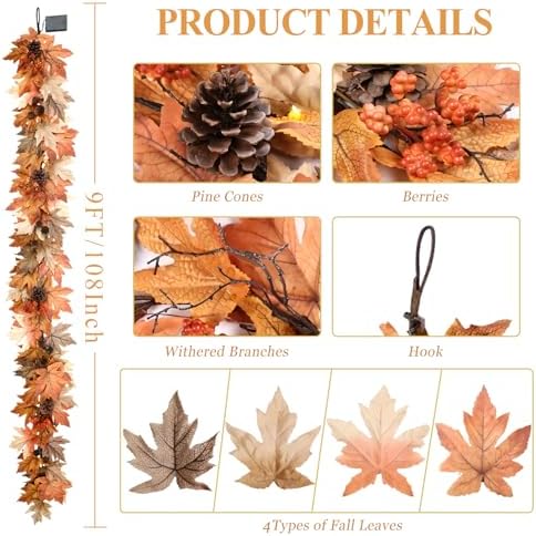 9 FT Lighted Fall Garland with Lights Autumn Automatic ON/Off Timer - Image 4