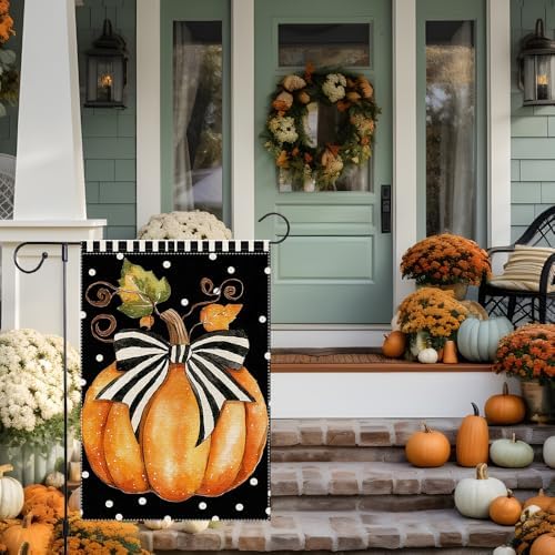 Fall Garden Flag Polka Dots Bowknot Pumpkin Garden Flags For Outside Burlap Decor, Thanksgiving 12x18 Inch Double Sided Vertical Autumn Decor Patio Lawn Yard Outdoor Decoration - Image 4