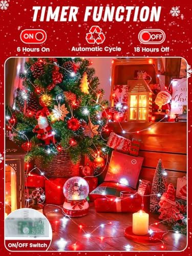 4Pack 60LED Fairy Lights Battery Operated with Timer, 20 FT Red and White - Image 4