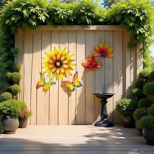 Meduofon Metal Flowers Wall Decor and Butterfly Wall Art, 3 Pack Metal Outdoor Wall Art Decor, Fence Art Wall Sculptures for Indoor Outside Garden Patio Decorations (Yellow&Green) - Image 6