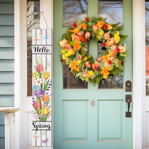 Threehoney 47" Large Spring Porch Sign Tulip Welcome Sign Wooden Tall Spring Porch Decor Leaner Rustic Farmhouse Front Door Decor for Holiday Outdoor Home Yard Entryway Gift - Image 4