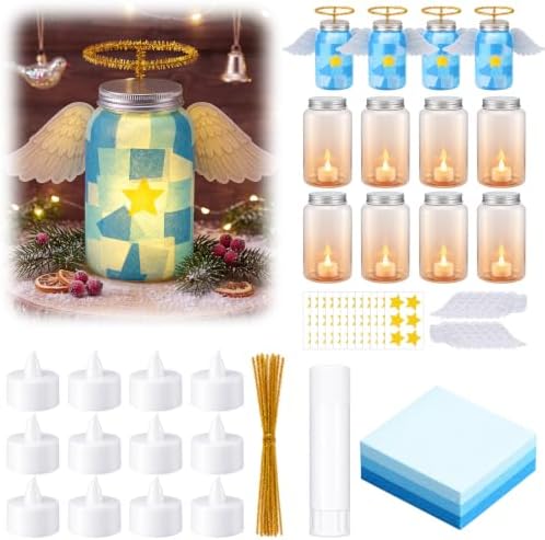 Qinyoung 12 Pcs Angel Christmas Crafts Mason Jars Tissue Paper Crafts with LED Candle Light DIY Suncatchers Decoration Make Your Own Angel Mason Jars Supplies for Xmas Winter Decoration by Qinyoung