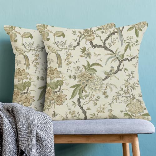 CXMEIFLY Spring Floral Birds Pillow Covers 24 x 24 Inch Set of 2 for Chinoiserie Flowers Decor Throw Pillows Sage Green Plant Outdoor Decorative Cushion Cases for Couch Bed Decorations - Image 2