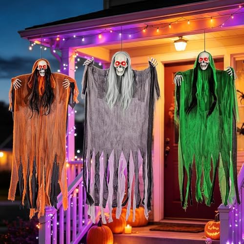 3 Pack Halloween Hanging Skeleton Ghost Decorations with Light Up Red Eyes by Unknown