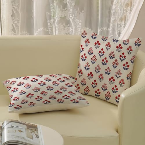 4th of July Pillow Covers 18x18 Inch 2 Pcs Red Blue Block Print Vintage Floral Patriotic Outdoor Decor Throw Pillows Memorial Day Holiday Decoration Pillowcase Linen Cushion Cover for Couch - Image 4
