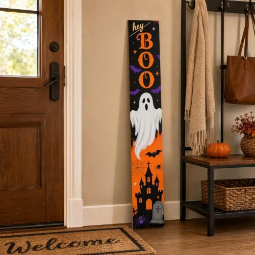 Hey Boo Vertical Halloween Wooden Porch Sign, Spooky Ghost Bat Haunted House Hanging Welcome Sign, Tall Halloween Front Door Decor for Indoor Outdoor Farmhouse Wall Lean Sign - Image 7