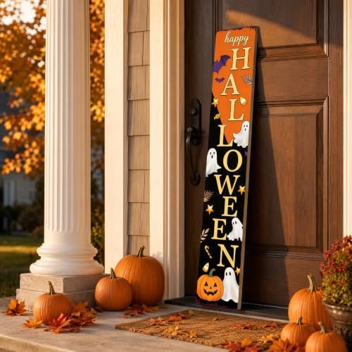 Happy Halloween Vertical Wooden Porch Sign, Spooky Ghost Pumpkin Bat Candy Tall Welcome Hanging Sign, 47.2 Inch Long Halloween Front Door Decor Hang or Lean Against Wall for Indoor Outdoor Farmhouse - Image 7