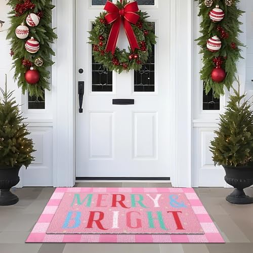 Drydiet 2 Pcs Christmas Doormat, Pink Merry & Bright Plaid Front Door Rug - Image 3