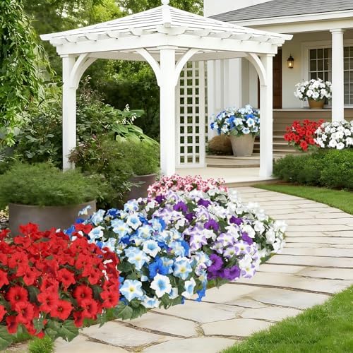 Artificial Flowers for Outdoors, Faux Petunias Spring Summer Decoration, Fake Flowers Plants UV Resistant Look Real Silk Flowers for Outside Planter Front Door Porch Patio Yard (6, Pink-White) - Image 7