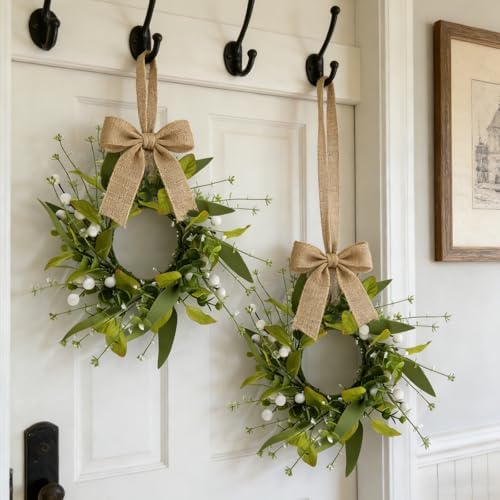 6 PCS Spring Summer Eucalyptus Kitchen Cabinet Wreaths Small Artificial Green Eucalyptus Leaf Wreath for Front Door with Ribbon Boxwood Mini Wreath for Porch Wall Window Farmhouse Wall Home Decor - Image 6