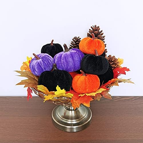 Set of 16 Assorted Faux Rustic Decorative Halloween Pumpkins Black Velvet Foam Pumpkins in Orange Purple Black for Farmhouse Fall Wedding Halloween Table Centerpiece Mantel Kitchen Decor - Image 7