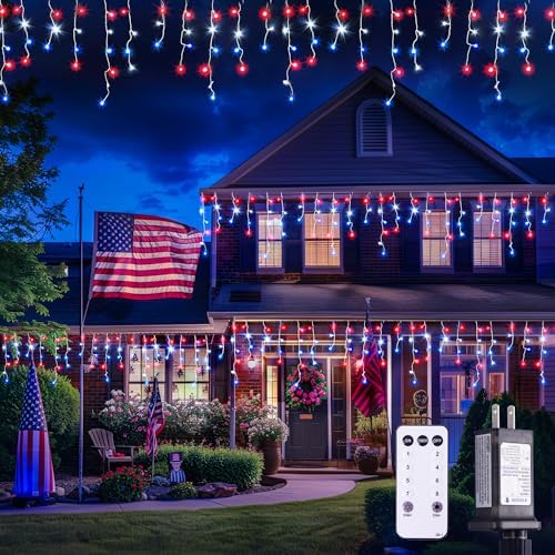 JMEXSUSS Icicle Lights for 4th of July Decor, 400 LED Red White and Blue by JMEXSUSS