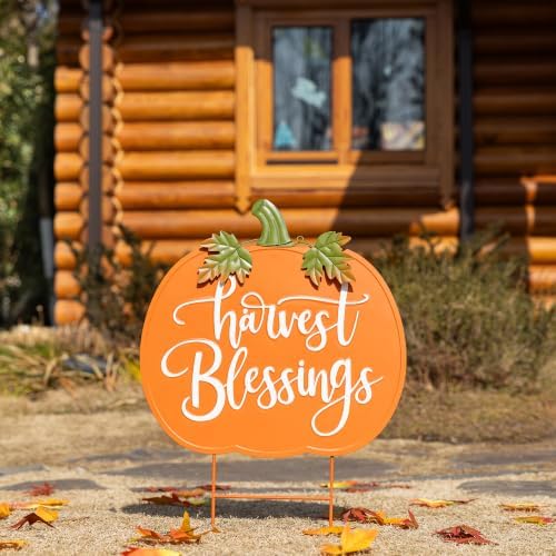 Glitzhome 24" H Fall Pumpkin Outdoor Decor, Metal Pumpkins Outdoor Decor, Fall Harvest Blessings Yard Stake Sign for Garden, Lawn, or Porch, Thanksgiving Autumn Metal Pumpkins Decoration - Image 3