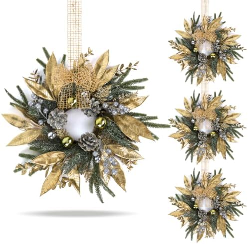 4 Pcs 9 Inch Christmas Wreaths for Kitchen Cabinet Artificial Pine Hanging Cedar Wreath with Christmas Balls Golden Twigs and Silver Berries for Front Door Xmas Winter Farmhouse Home Decorations by Unknown
