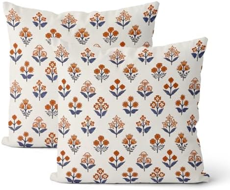 Fall Burnt Orange Blue Pillow Covers 20x20 Inch 2 Pcs Block Print Vintage Floral Decor Throw Pillows Boho Flower Summer Outdoor Seasonal Decoration Pillowcase Linen Cushion Cover for Couch Sofa by DAFENA