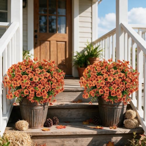 Artificial Outdoor Flowers UV Resistant Fake Plants Greenery 12 Bundles Faux Silk Daisy with Eucalyptus Leaves Summer Fall Outdoor Decor for Porch Patio Yard Garden Farmhouse, Orange - Image 2