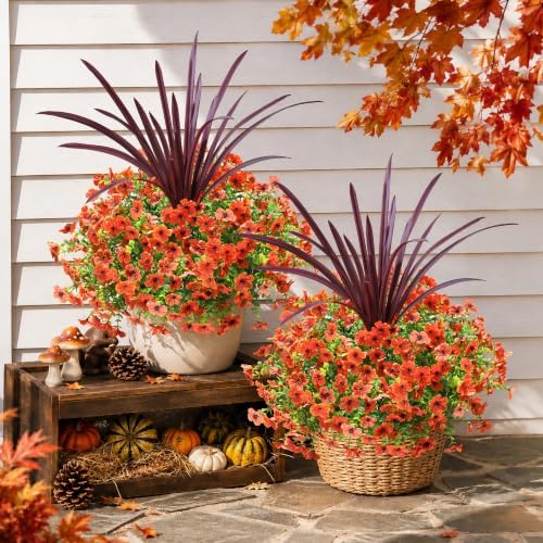 Fall Flowers Artificial Mums for Outdoors Autumn Decor, 12 Bundles Orange Fake Fall Mums with 1 pcs Burgundy Orchid Leaf UV Resistant Look Real Faux Flowers for Outside Planter Home Porch Patio Yard - Image 4