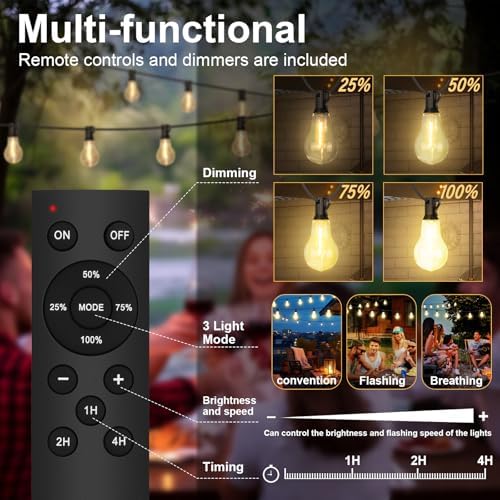 100FT Outdoor String Lights64+4 Bulbs,120W Dimmer Remote IP65 Watterproof - Image 3
