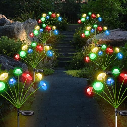 4PK 32LED Solar Garden Lights Outdoor, Mushroom Solar Lights Outdoor, IP65 Waterproof Firefly Light Outside Decor for Patio Pathway, Sway by Wind for Pathway Garden Mushroom Decorations, Multicolor - Image 2