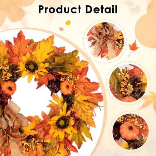 Fall 6FT Garland Wreaths 24", 4 Pack, Artificial Autumn Sunflower - Image 4