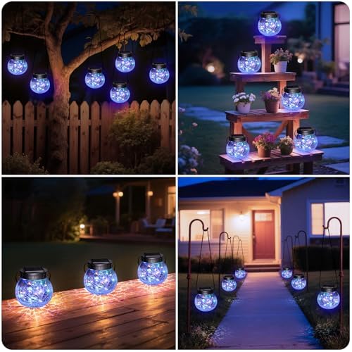 kolpop 6 Pack Solar Lantern Outdoor Lights, Multi-Coloured Solars Lanterns with 30 LED, Crackle Glass Ball Waterproof Hanging Solar Lights for Garden Decor Patio Fence Yard Christmas Tree Decoration - Image 2