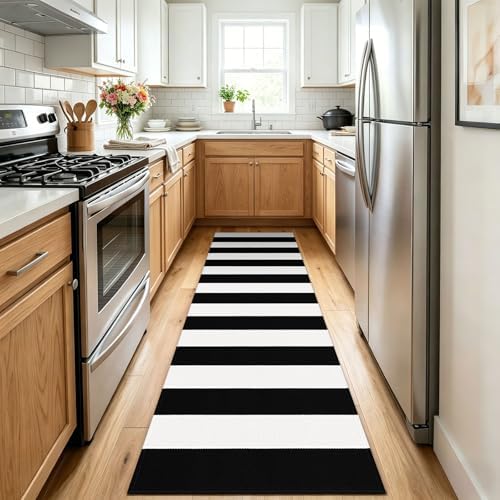 KOZYFLY Black White Striped Runner Rug 2x6 ft Woven Washable Hallway Runner - Image 2